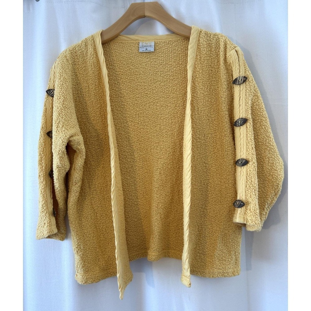 Vtg CMC By Color Me Cotton Womens Cardigan M Yellow Boxy Open Front Chunky Knit